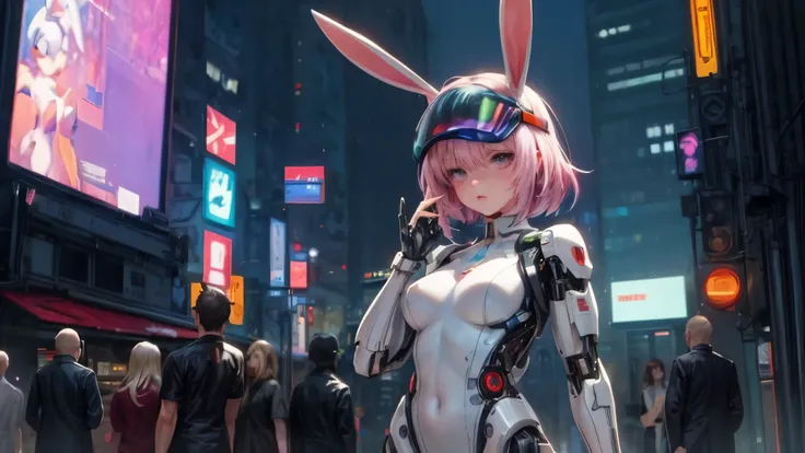 1 Girl, Skin-Tight Body-suite, White Body-Suite, Mecha-Bunny Ears, ((wearing cybernetic Visor)), Gadgets, (cyberpunk city background at day)