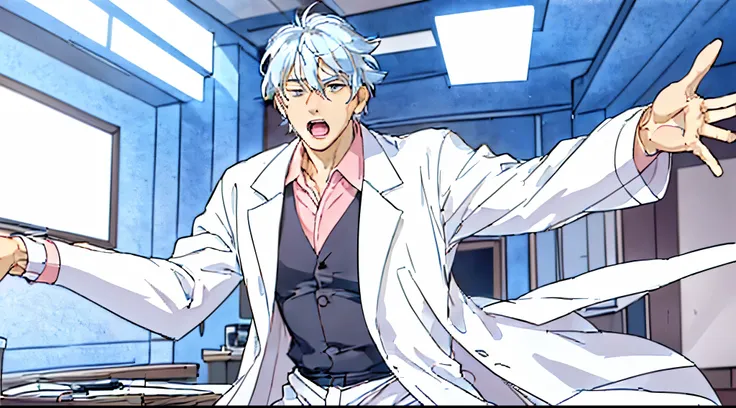 silver haired man wearing white lab coat, he is surprised, his mouth is wide open in surprise