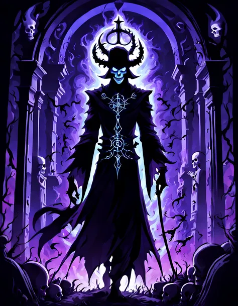 (((black light poster))), ((mesmerizing glowing silhouette with floating runes)), (((sly smile))), create a fascinating and mystical image ((side view of the body of the legendary necromancer)), aura of power and wealth, ((ethereal necromantic flames in th...