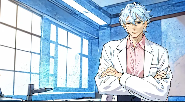 silver haired man wearing a white lab coat, he is thinking, he seems to be troubled, his arms crossed