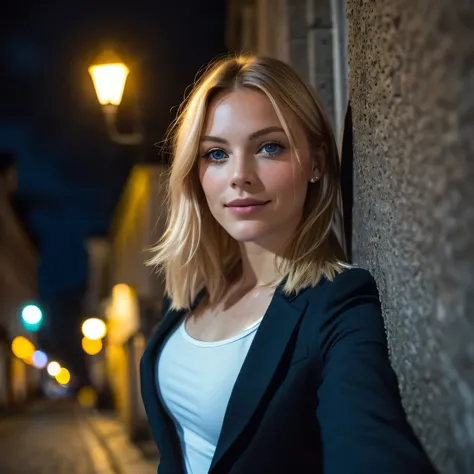 (Selfie, Plan: 1.4), (upper half body shot: 1.4), RAW UHD portrait photo of a 24-year-old blonde wearing formal black blazer (Femme aux yeux bleus) Marcher on a rue bien éclairée, moyen seins,, Ville la nuit, (rocher), (Encolure), specifics (Tissu! , Cheve...