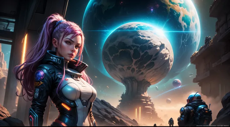 a woman in a futuristic suit standing in front of a planet, cyberpunk art inspired by Marek Okon, cgsociety contest winner, fantasy art, wojtek fus, beautiful sci fi art, portrait anime space cadet girl, scifi woman, cyborg goddess in cosmos, epic sci - fi...