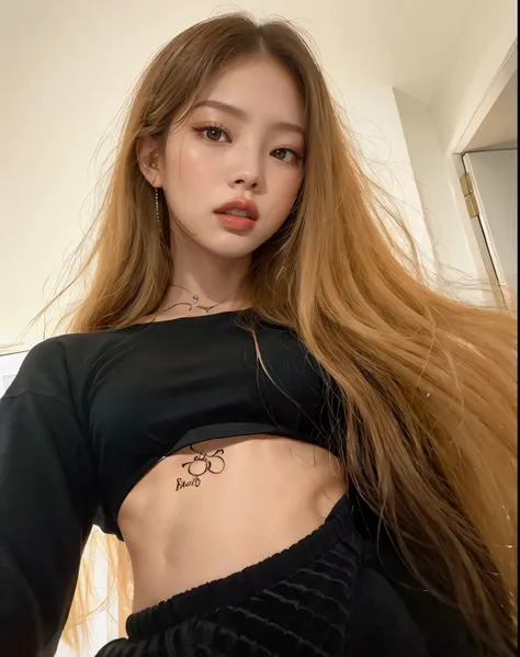 jennie blackpink arafada com cabelo comprido e uma tatuagem na barriga, 2 modelo feminino de 4 anos, anna nikonova aka newmilky,...