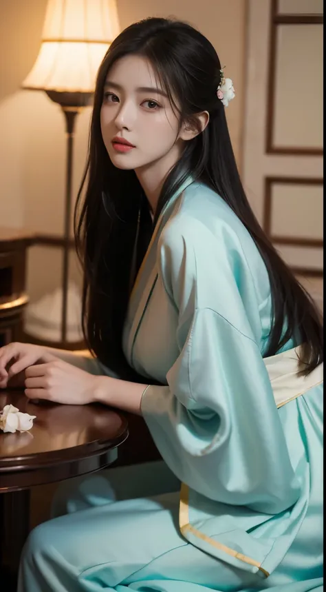 slim body , 167cm ，Movie Angle，（Cute girls，anatomy correct，full bodyesbian，Masterpiece camellia，Masterpiece elegant Hanfu），（ art，Quilted art，geomerty），（plethora of colorest quality，high detal，tmasterpiece，Cinematic lighting effects，4K，Chiaroscuro）