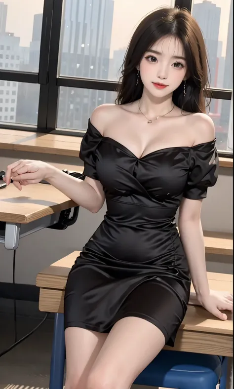 short sleeves,off shoulder, dress, (knee shot),(8k, raw photogr, lifelike:1.25),(inside a classroom, sitting on desk), ( gloss o...