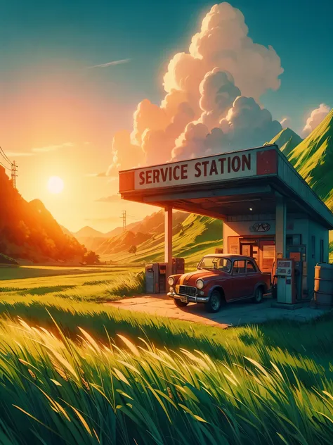 Draw a digital anime simple art scene of service station in green grass field, A vintage retro card parked beside, long grass, the sunset casts a warm glow across the vast, untamed landscape. The rugged beauty of the terrain unfolds, no humans and cattle, ...