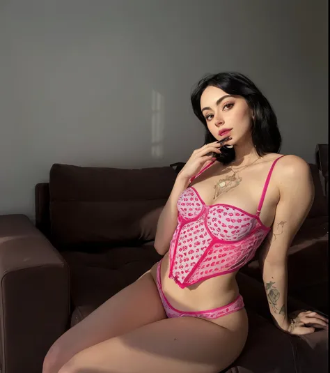 araffe woman in a pink Ropa íntima sitting on a couch, wearing sexy Ropa íntima, cuerpo rosa, Ropa íntima, , hermosa poarch, Muñeca Barbie en bragas y sujetador, cuerpo rosa harness, Charli XCX, modelo de instagram, un poco de rosa, Bralette, Ropa íntima!!...