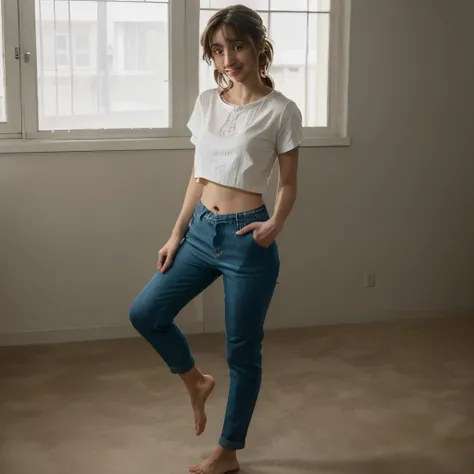 Actress Natalia Dyer, 8k, ultrarealistic, perfect face structure, hyperrealistic, masterpiece, fullbody view, best quality, high Definition, Long pants, no shoes, barefoot, midriff shirt, realistic body movement, smile