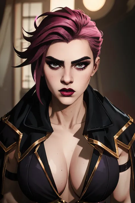 Picture of a goth vi from arcane league of legends. Fit face. 22 years old, Sharp chin, photography, raw photo, masterpiece, extremely detailed photo, DSLR, photorealistic 1.4, ultra hi resulation, best quality, pink lips, perfect makeup, massive perfect b...