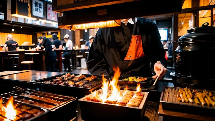 Inside the Yakitori restaurant、grilling yakitori on a grill、charcoal fire、