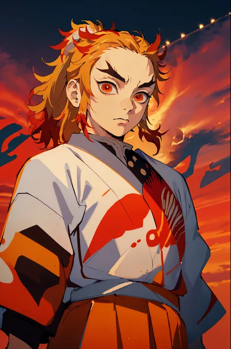 (Masterpiece, Best Quality:1.2), Cowboy shot, 独奏, male focus, 1  guy, Rengoku Kyojuro, sadness on the face, looking a viewer,  Long hair, high ponytail, Split eyebrows, white kimono with red print, Fireworks in the background, red sky, bright red sky, oran...