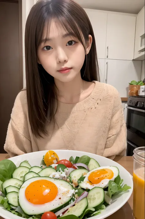 女の子1人、Korean Idols、21years old、Woman eating salad、salad、tomatoeoiled egg、cucumber、超A high resolution、