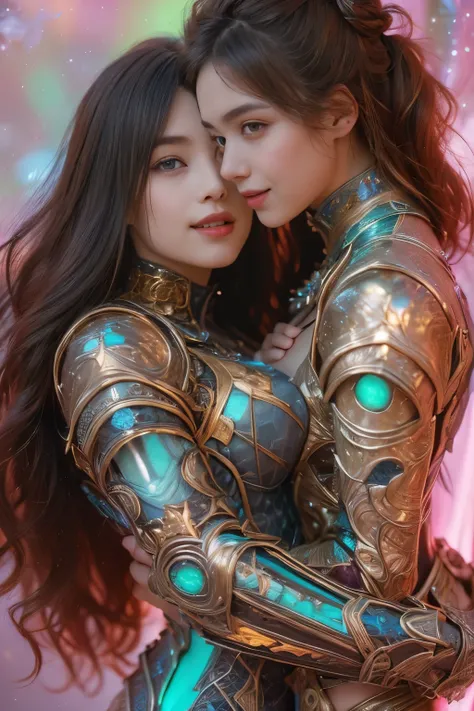 (Two beautiful teenage italian girls:1.6), Close friends, (They are hugging each other:1.2), Kiss her cheek or chest,(Detailed iridescent bodysuit with beautiful fractal or marble design:1.5), Incredible and spectacular scenes, ((High quality)), ((Detailed...