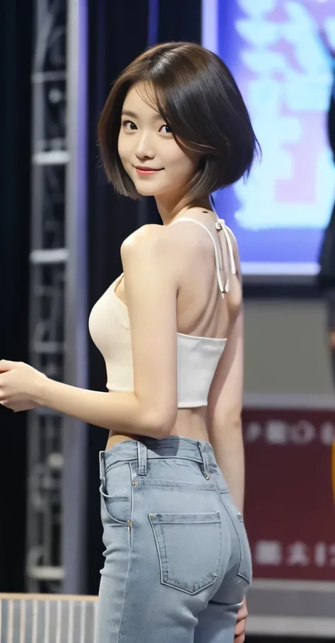 (quality、32K、​Masterpiece:1.2)、Photos of cute 18-year-old college students、very short short hair、surface focus、knitted halter top、、Light gray knit、Navel exposed，，White skin，beautiful，A necklace、staring at the audience、White casual bell bottoms、white sneake...