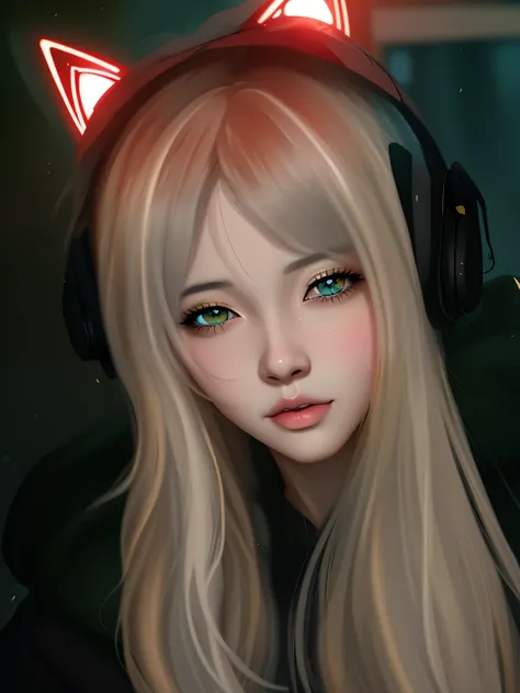 garota anime com fones de ouvido e olhos brilhantes com olhos vermelhos, estilo de arte de anime realista, obras de arte no esti...