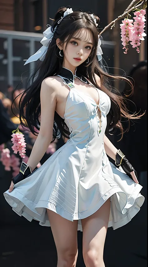 Special clothes58,white dress,pantyhose,green ribbon,striped, best quality， masterpiece， 1 girl， beautiful face， （照片lifelike：1.3）， edge lighting， （High detail skin：1.2）， 8K  UHD， digital SLR camera， high quality， high resolution， 4k， 8k， Bokeh， absurderes，...