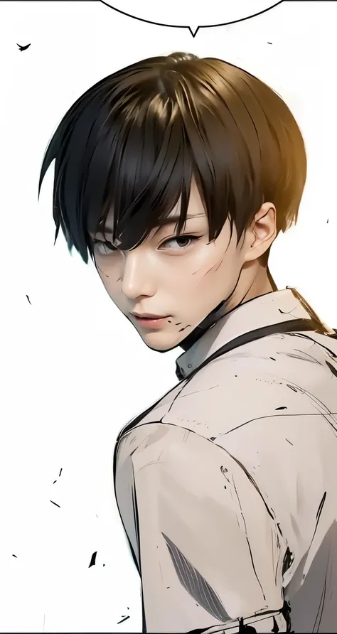 1Boy, Hair Black , Eyes Black , Eyesbrow Black , straight hair, patient face , White Clothes , White Background , Handsome Man, Boy Comic In Webtoon , Realistic Ai , 3d Potrait ,