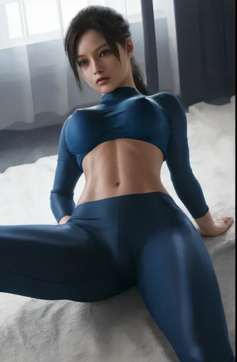 Claire in tight  blue clothes, lie down, open leg, sexy pose, bare stomach