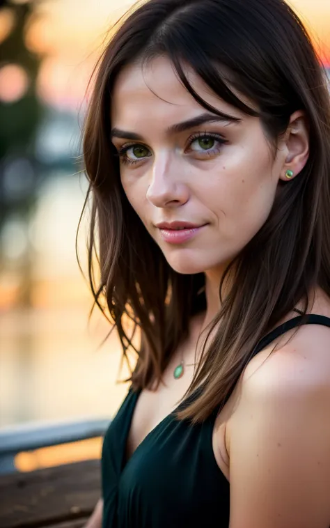 cute beautiful brunette wearing (black) summer dress (sitting on wooden bench at sunset), very detailed, 40 years old, flirty fa...