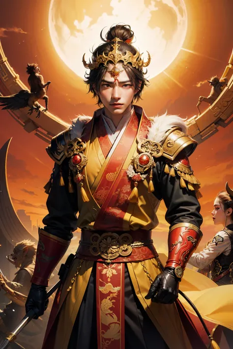 Ancient Chinese stories with high-definition details, exquisite and handsome Monkey King Sun Wukong with bright eyes and spirit, beating the Bone Demon three times