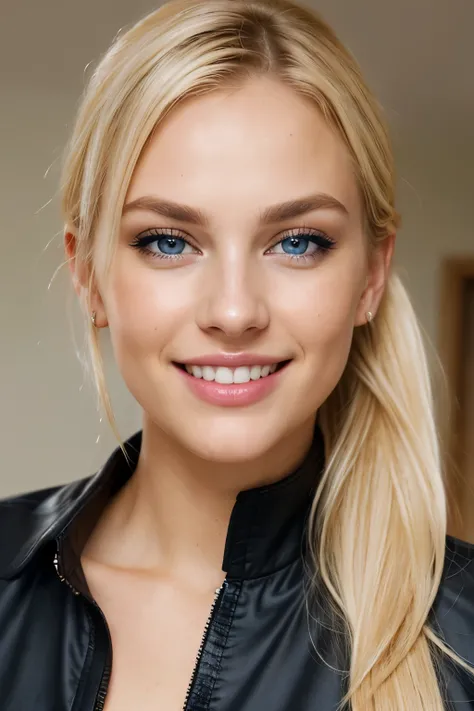 an eye contact of a blond, blue eyes and georgous lipps, looking sexy, horny,  beautiful hair, smiling, showing teeth, brown strikes in hair, pony tail