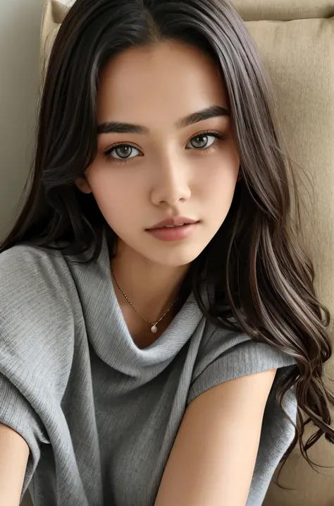 1girl in, age19, Solo, Long hair, Colossal tits, Looking at Viewer, blackish brown hair, Bare shoulders, Brown eyes, jewely, Full body, a necklace, off shoulders, Sweaters, Realistic, A sexy