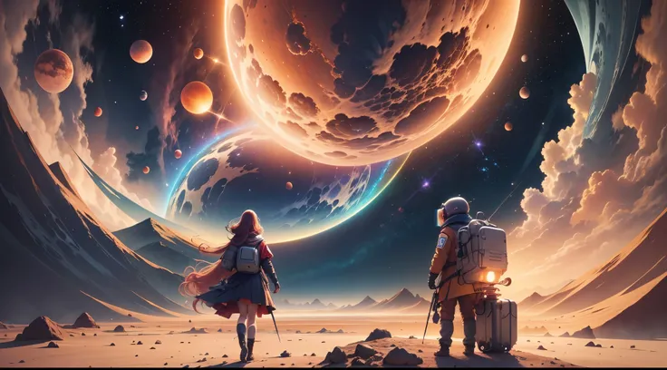 The painting depicts a scene of breathtaking magnificent spatial imagery.  Girl in Pluguit rear facing, Looking at a bright red planet in space. Scenes are extremely detailed and the clarity is extraordinary, capturando cada detalhe intrincado do panorama.