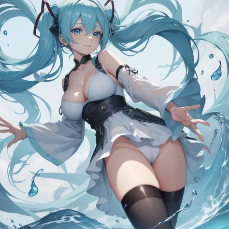 masutepiece, best quality, 8K Dende Wallpaper:1.2), Super detailed, disorganized, High resolution, 1 girl, Looking at viewer,( hatune miku:1.3), Feel happy, Yet:1.1), long twin tails, blue green hair, dancing, Silky skin, beautiful eyes, Focus on Eyes, lon...