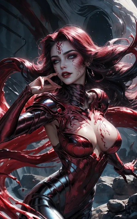 beauty eyes, Flawless eyes, (Storyboard), Liquid lady, liquid demoness, arcane liquid, red, fighting stance, sexy, busty alluring, erotic,( body formed from mauveine and black liquid metallic paint twisting into a beautiful interpretation of the female fig...