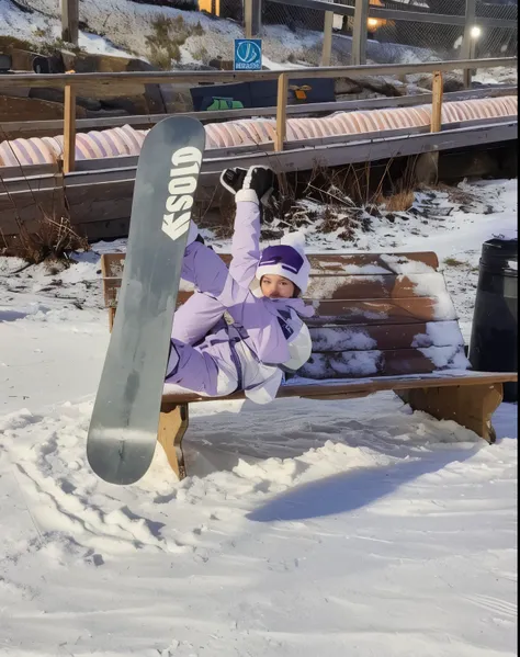 Put this purple ski girl on a snow mountain instead of a bench