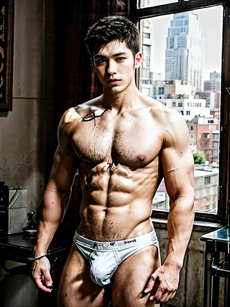 Slim young handsome guy，White  socks，The crotch protrudes，八块Abs，high quality，high detail，Handsome，Oh really，large bulge，(absurd, high resolution, Super detailed, high dynamic range), masterpiece, The crotch protrudes，八块Abs，high quality，best quality, Abs，Di...