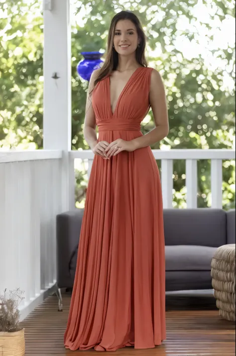 a woman in a vestido longo standing on a porch, wearing a Flowing dress, vestido aberto, usando vestido laranja, vestido longo, Flowing dress, figura feminina em vestido maxi, usando um vestido elegante, wearing an evening vestido, com cintura fina, flowin...