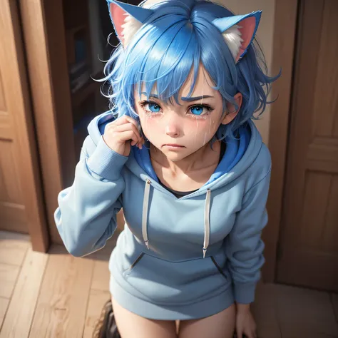 masterpiece, best quality, highly detailed, ultra-realistic, blue hair, blue cat ears, tired hair, swept bangs, Short hair, Skirt, hoodie, ((tear)), ((cry)), nose blush, frown, tears, upset, clenched teeth, wipe tears with hands, leaning forward, looking a...