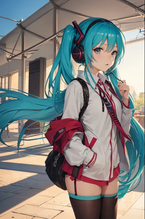 (masutepiece, best quality), Hatsune Miku, school uniform, ear phone