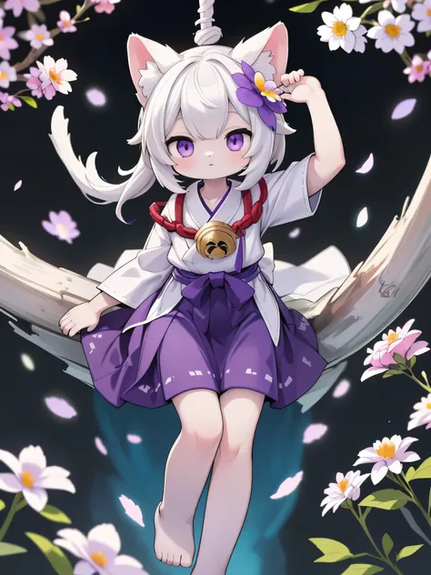 (best quality, high resolution, illustration, extremely high quality, High freshness, Ultra-fine details), A white cat wearing a black hakama is sitting in a shrine covered with flowers.。.。.、light purple eyes, Holding a kagami-mochi, the legs are dangling ...