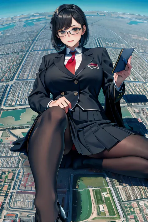 giantess art, surreal high school girl, 非常に詳細なGiantショット, Giant, Shorthair, A gigantic high school girl that&#39;s much bigger than a skyscraper, wearing rimless glasses, huge tit, Big ass, Navy blue blazer, Red tie, mini length skirt, black pantyhose, I do...