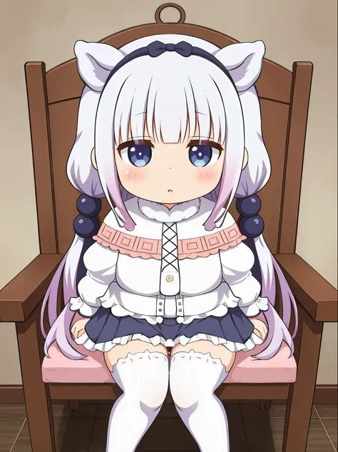 kanna kamui ,pleated miniskirt, legs garters, she set on chair,