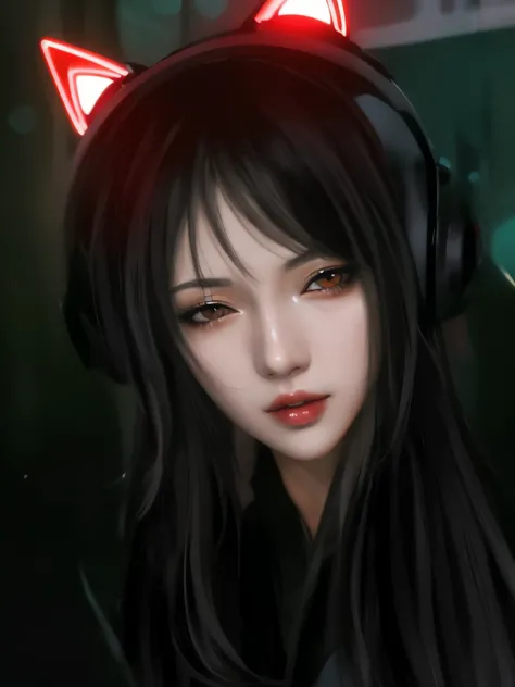 garota anime com orelhas de gato e olhos vermelhos usando fones de ouvido, with olhos vermelhos brilhantes, with olhos vermelhos brilhantes, estilo de arte de anime realista, obras de arte no estilo de guweiz, [ arte digital 4k ]!!, estilo de arte realista...