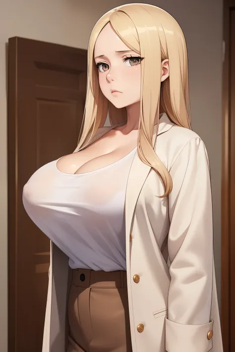 ((masterpiece, best quality:1.4)), illustration, 8k, hd, cowboy shot, anime style, detail face, detail eyes, rich girl, house, white T-shirt, small female coat, brown trousers, (massive boobs), long blond hair, brown eyes, mature, sad, ((lifeless eyes, bla...