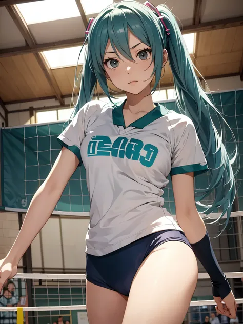 Hatsune Miku,Haikyuu,beautiful breasts,1 lady solo, /(Volleyball uniform/), (Masterpiece of the highest quality:1.2) Ultra-detailed and delicate illustrations, (Indoor Volleyball Court/),Jump high,spikes,serious face