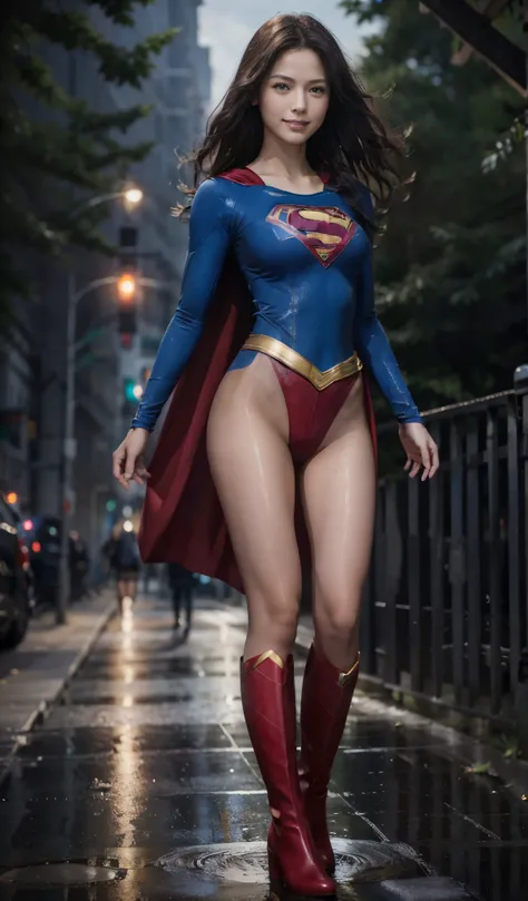 No background、Fitted Supergirl costume、Body Fit Costumes、and draw the full body、(((Wear black tights on your beautiful legs.)))、(((stretch your legs、tall、Legally express the beauty of your smile)))、((((Make the most of the original image)))、(((Supergirl Co...