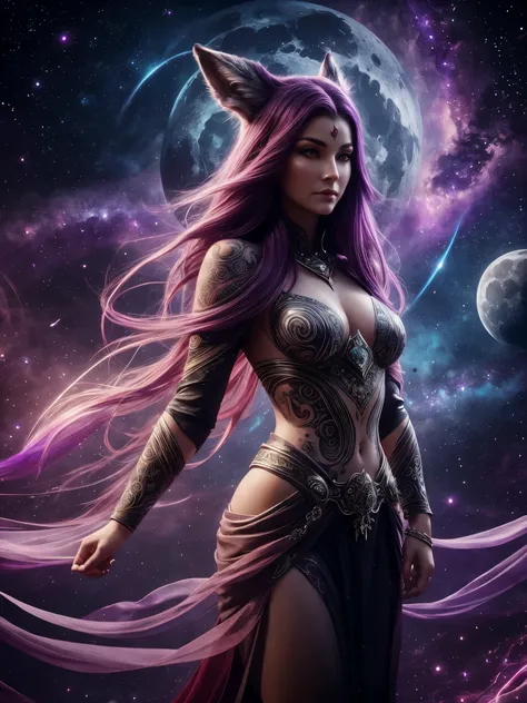 An ethereal being with burgundy hair and violet eyes,adorned with intricate tattoos,gazes to her right. She emanates an otherworldly essence,surrounded by a celestial backdrop with swirling galaxies,creating a cosmic and enchanting atmosphere in this digit...