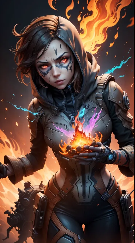 (((Borderlands 3))), (((closeup))), (((diffuse colors))), (((rgb))), (((ultra detailed illustration of a diffuse hallucinatory woman fire spirit creature))), (((complex 3d projections of ghostly translucent fabric ))), (((dynamic pose))), fire, concept art...