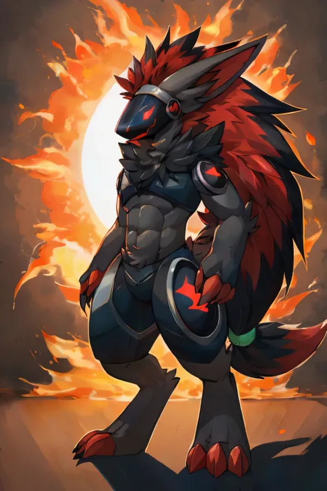 solo,nj5furry,furry,anthro,solo,masterpiece,high detail,best shadow,protogen,protogen visor,zoroark,pokemon, red flame effect,fu...