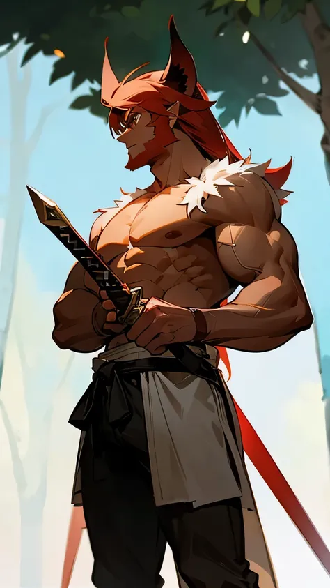 muscled male beastman, with a wooden sword,standing straight with his hand on his sword in the forest