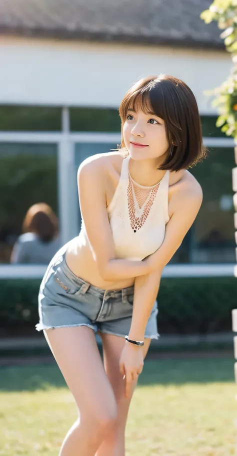 (quality、32K、​Masterpiece:1.2)、Cute photos of 18-year-old college students、very short short hair、surface focus、knitted halter top、、Light gray knit、Navel exposed，，White skin，beautiful，A necklace、staring at the audience、White casual bell bottoms、white sneake...