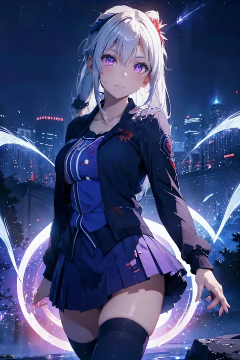 1girl, japanese clothes, ponytail ,white hair, purple eyes, magic circle, blue fire, blue flames, wallpaper, landscape, blood, blood splatter, depth of field, night, light particles, light rays, sidelighting, thighs, fate (series), genshin impact, ****, op...