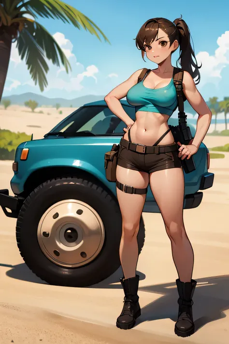 masterpiece, best quality, expressive eyes, perfect face, large breast, big breast, small waist, perfect figure, highly detailed, showing cleavage, brown eyes, large nipples, Brown hair, one pony tail, bangs, dressed as lara croft, full body portrait, shes...