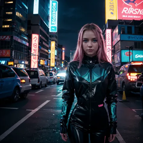 blonde girl, blue eyes, detailed skin,, colorful neon lights illuminating her surroundings, standing in a vibrant cityscape. She is wearing a futuristic outfit, her clothing reflecting and shimmering with every move. Her eyes are mesmerizing, with a hint o...