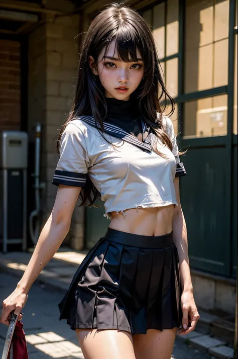 (masterpiece, top quality, best quality, official art, beautiful and aesthetic),  extreme detailed,colorful,highest detailed,(1girl,solo),18 year old beauty、Japanese、black hair,long hair,blunt bangs,black eyes,skinny,(slender body,small breasts,sweat:1.4),...